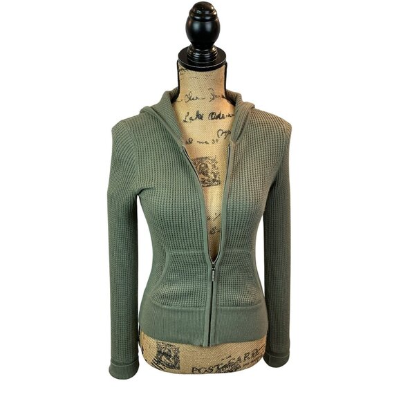 Vince Waffle Knit Hooded Jacket  Zip-Up Sage Green Womens Small 100% Cotton - Picture 6 of 13